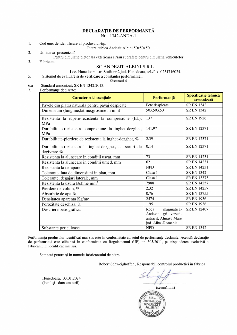 Pagina 1 - Declaratie de performanta piatra Andezit ELIS PAVAJE Albini 5/5/5, 1-3 fete Certificare...