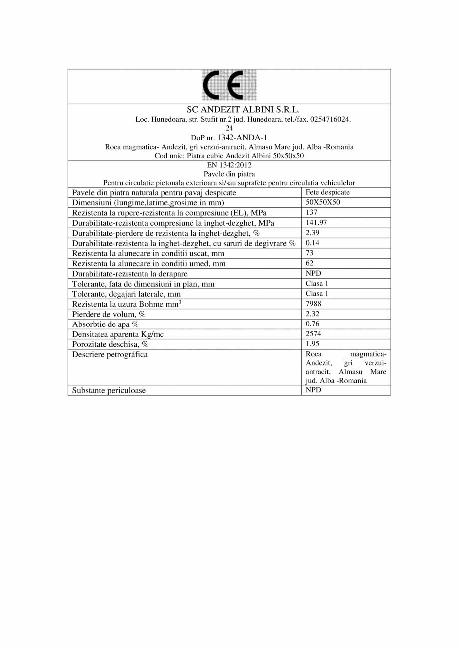 Pagina 2-Declaratie de performanta piatra Andezit ELIS PAVAJE Albini 5/5/5, 1-3 fete Certificare produs...