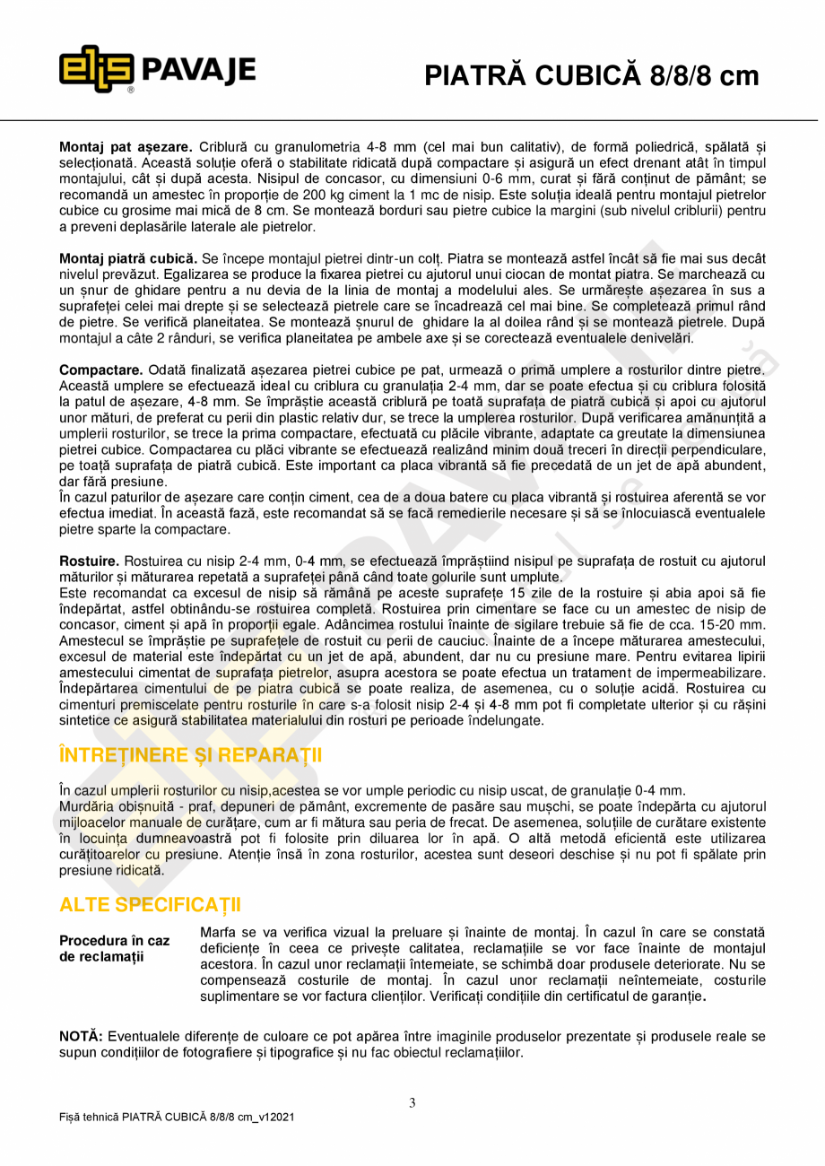 Pagina 3 - Piatra cubica ELIS PAVAJE Albini 8/8/8 Fisa tehnica Romana  3-5 mm pentru planeitate și ...