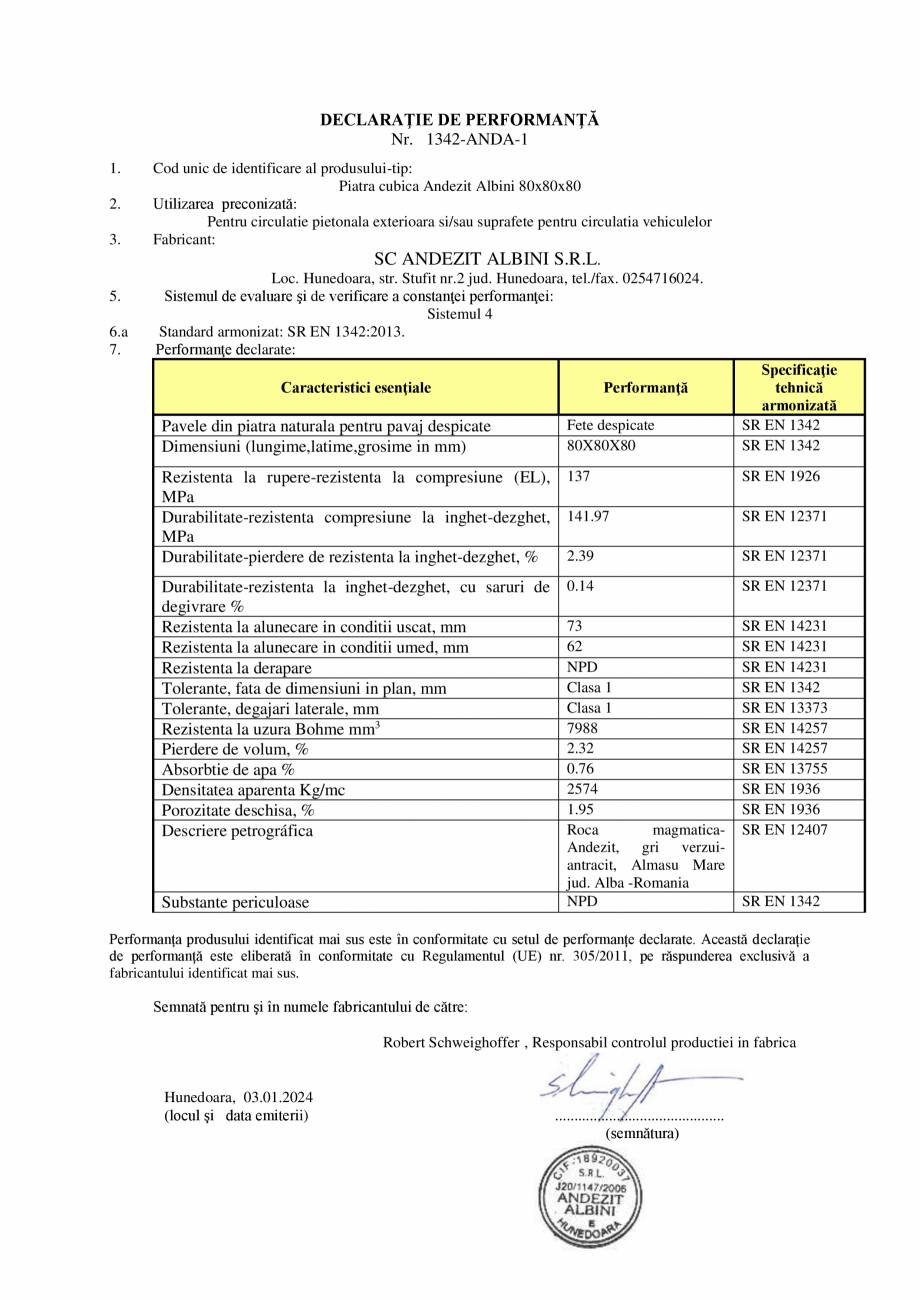 Pagina 1 - Declaratie de performanta piatra Andezit  ELIS PAVAJE Albini 8/8/8 Certificare produs...