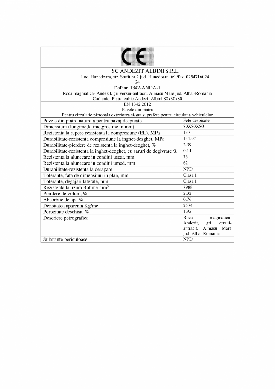 Pagina 2-Declaratie de performanta piatra Andezit  ELIS PAVAJE Albini 8/8/8 Certificare produs Romana ...