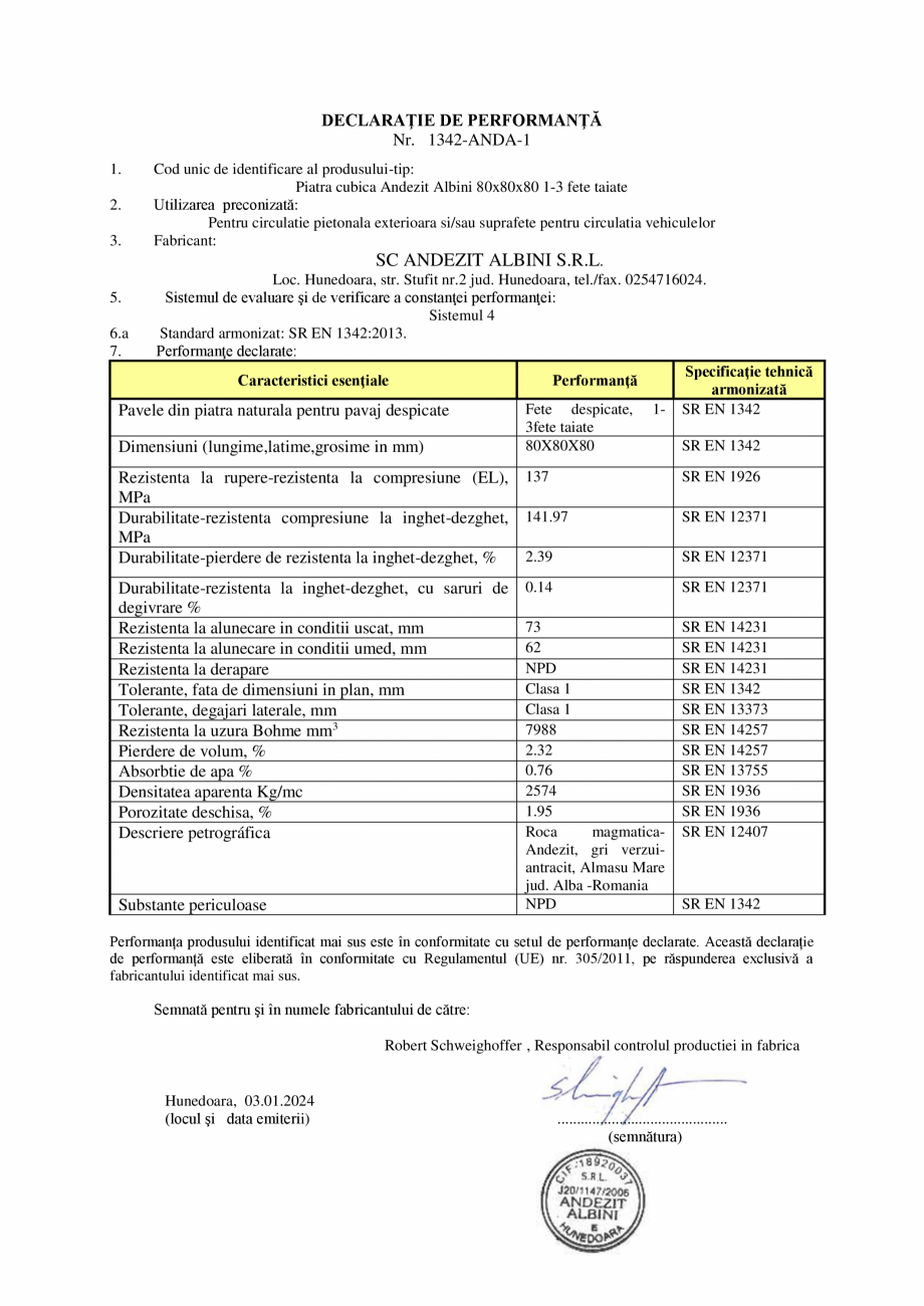 Pagina 1-Declaratie de performanta piatra Andezit ELIS PAVAJE 8/8/8, 1-3 fete Certificare produs Romana...