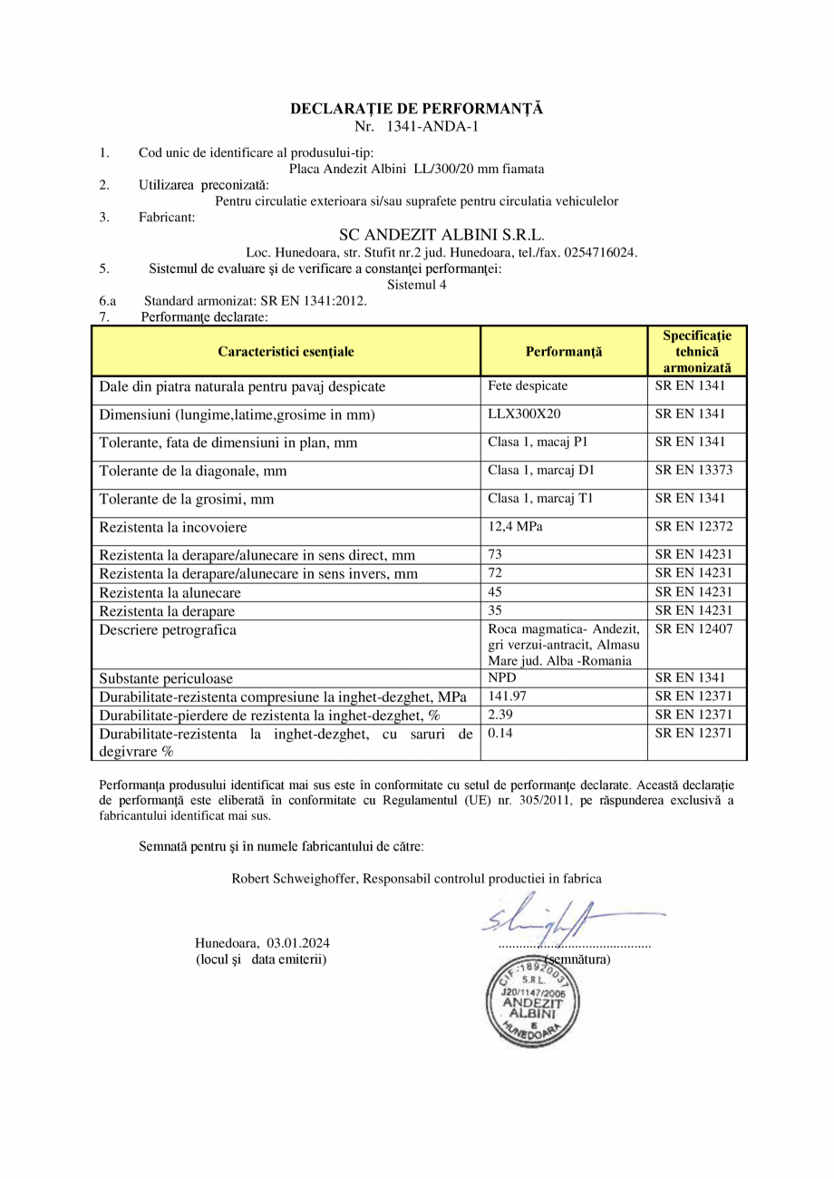 Pagina 1-Declaratie de performanta placa Andezit fiamata ELIS PAVAJE Albini LL*/30/2 Certificare produs...