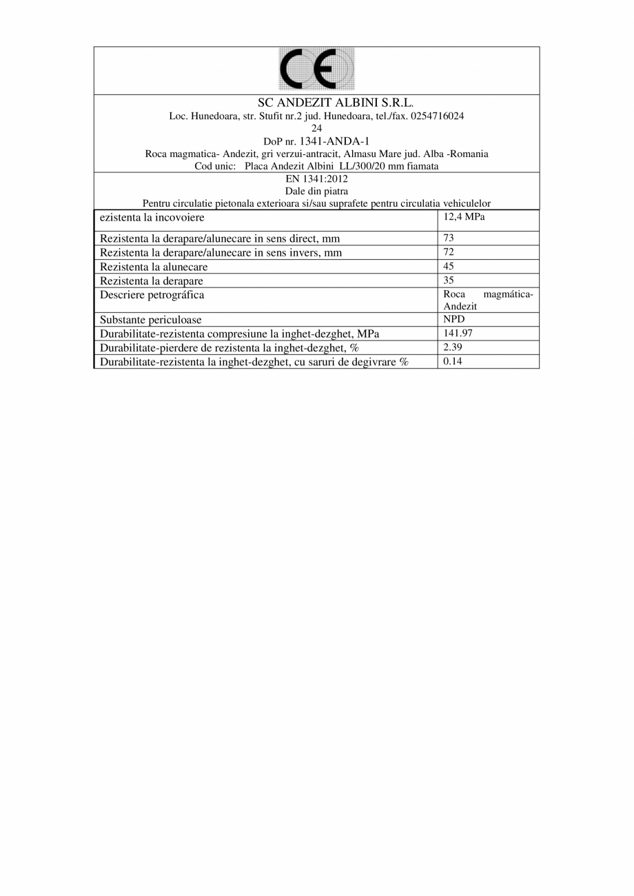 Pagina 2 - Declaratie de performanta placa Andezit fiamata ELIS PAVAJE Albini LL*/30/2 Certificare...