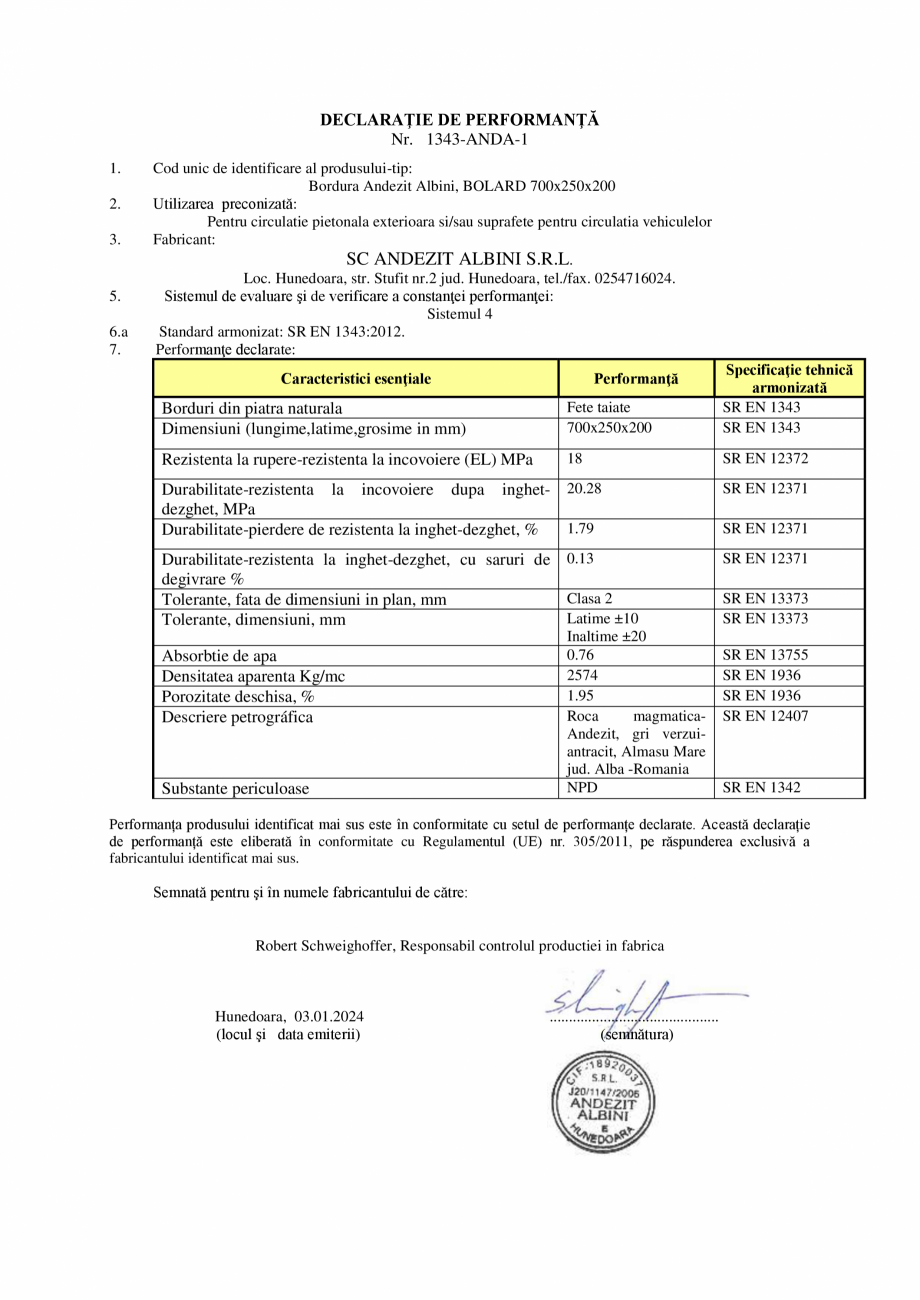Pagina 1-Declaratie de performanta bolard Andezit  ELIS PAVAJE Albini 70/25/20 Certificare produs Romana...