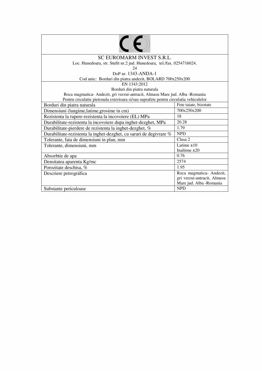 Pagina 2-Declaratie de performanta bolard Andezit  ELIS PAVAJE Albini 70/25/20 Certificare produs Romana...
