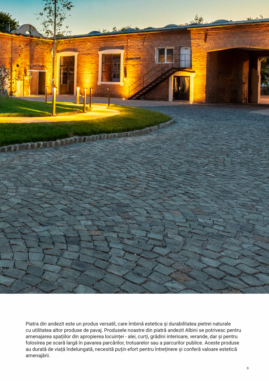Pagina 3-Pavele borduri si placi din piatra andezit Albini ELIS PAVAJE Catalog, brosura Romana eț: gri...