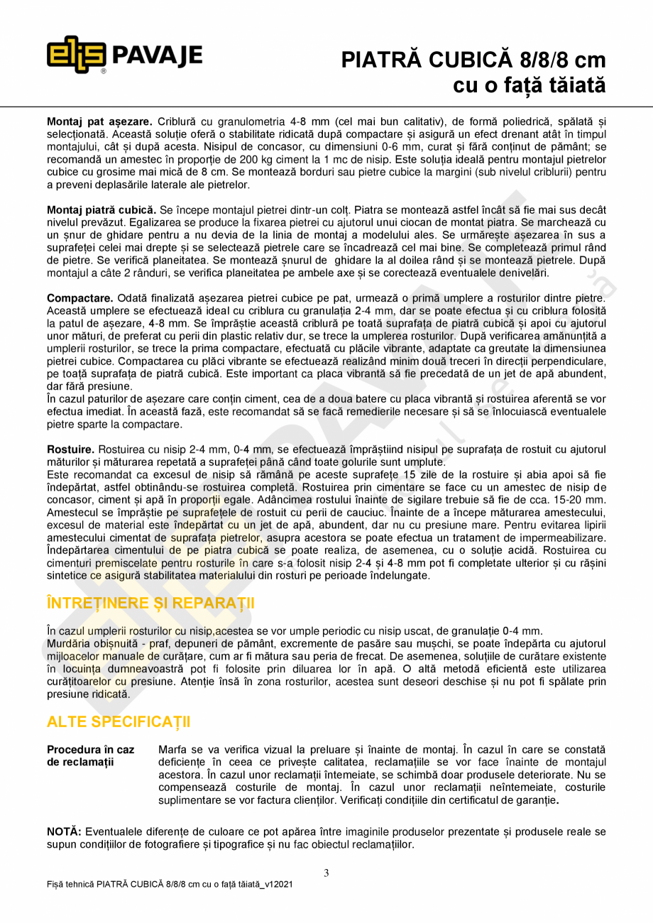 Pagina 3-Piatra Cubica Andezit ELIS PAVAJE Andezit cu fata taiata 8/ 8/8 Fisa tehnica Romana 2/2012 și SR EN...