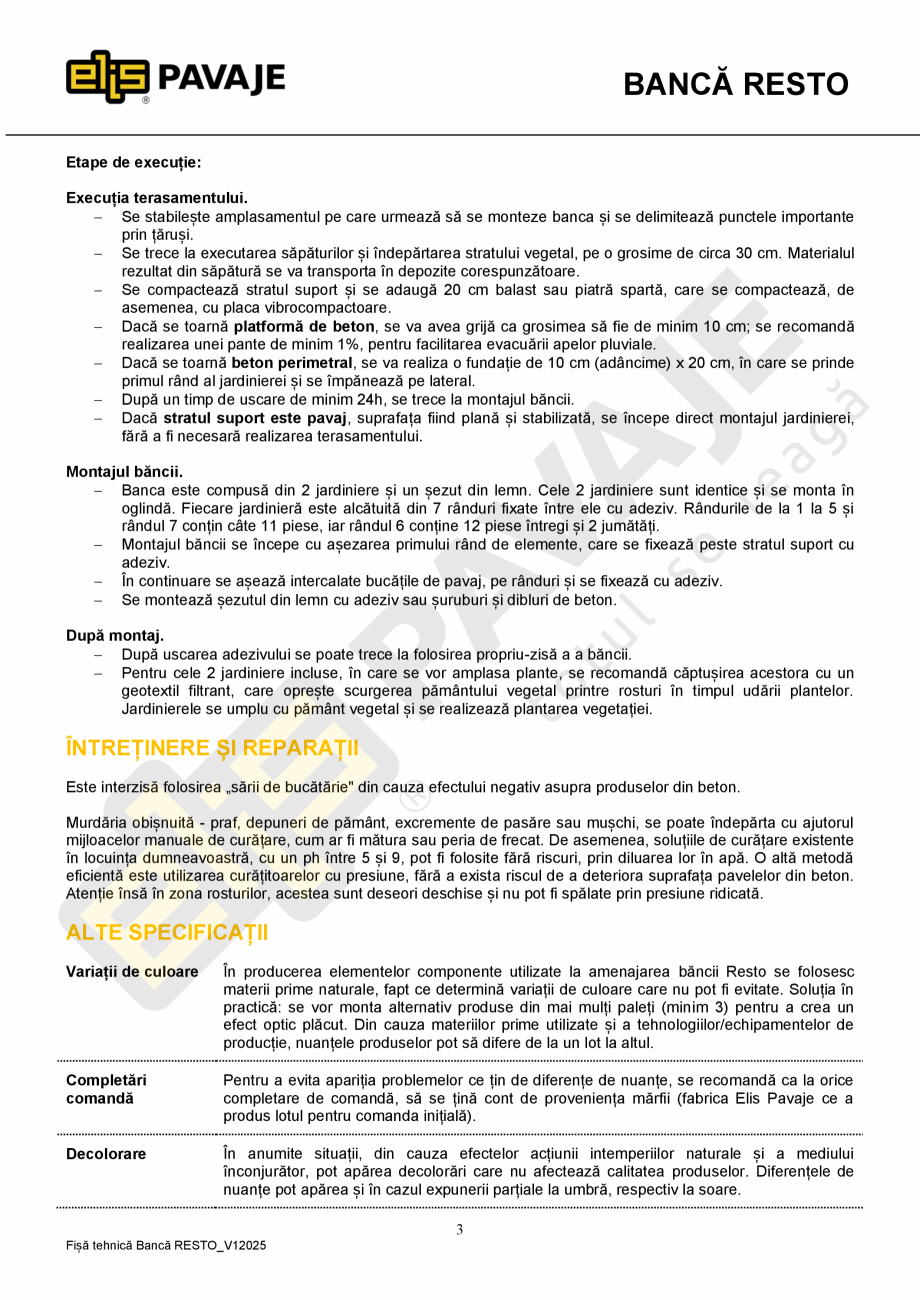 Pagina 3-Banca ELIS PAVAJE Resto Fisa tehnica Romana ecvate sau manual, bucată cu bucată.
Manipularea...