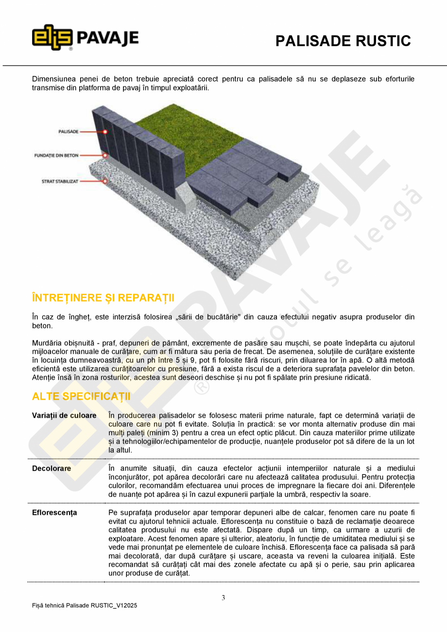Pagina 3-Palisada ELIS PAVAJE Rustic Fisa tehnica Romana fel încât să se evite vătămările corporale...
