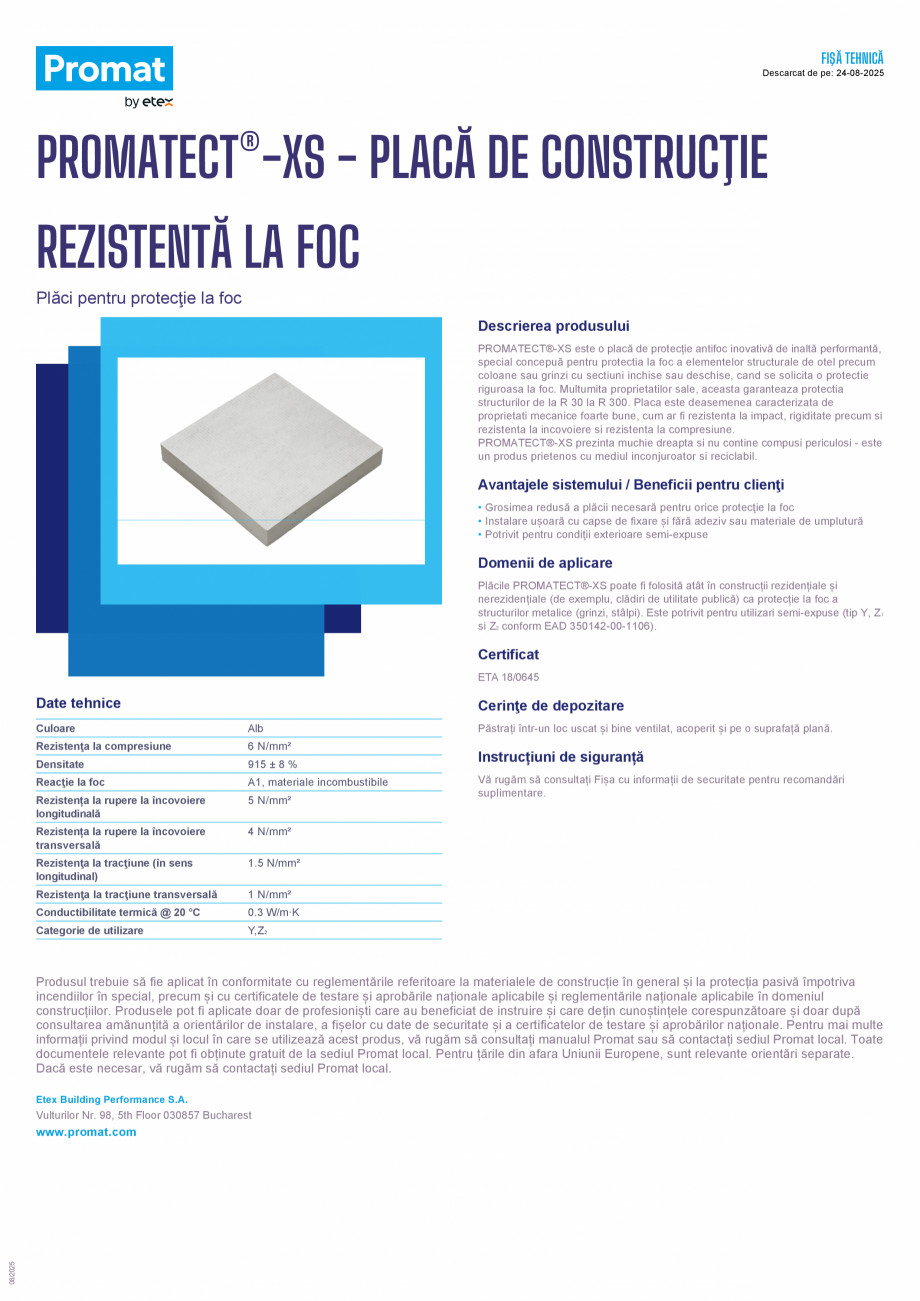 Pagina 1-Placa de constructie rezistenta la foc PROMAT PROMATECT®-XS Fisa tehnica Romana FIŞĂ TEHNICĂ
...