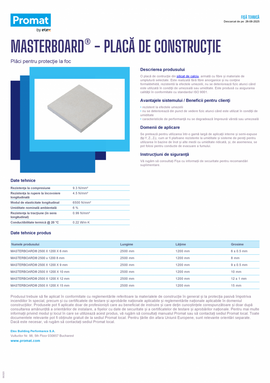 Pagina 1-Placa de constructie rezistenta la foc PROMAT MASTERBOARD® Fisa tehnica Romana FIŞĂ TEHNICĂ...