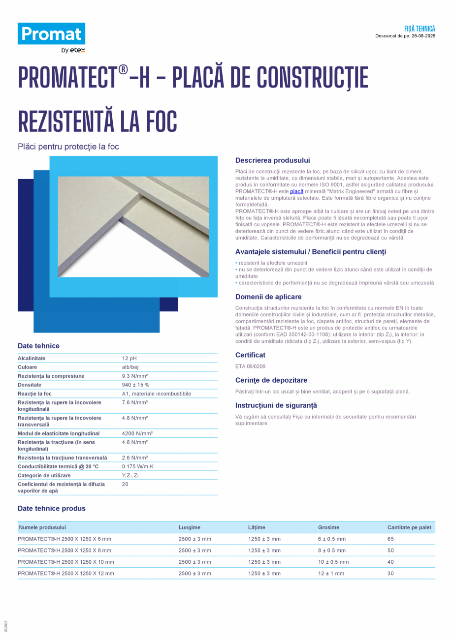 Pagina 1-Placa de constructie rezistenta la foc PROMAT PROMATECT®-H Fisa tehnica Romana FIŞĂ TEHNICĂ...