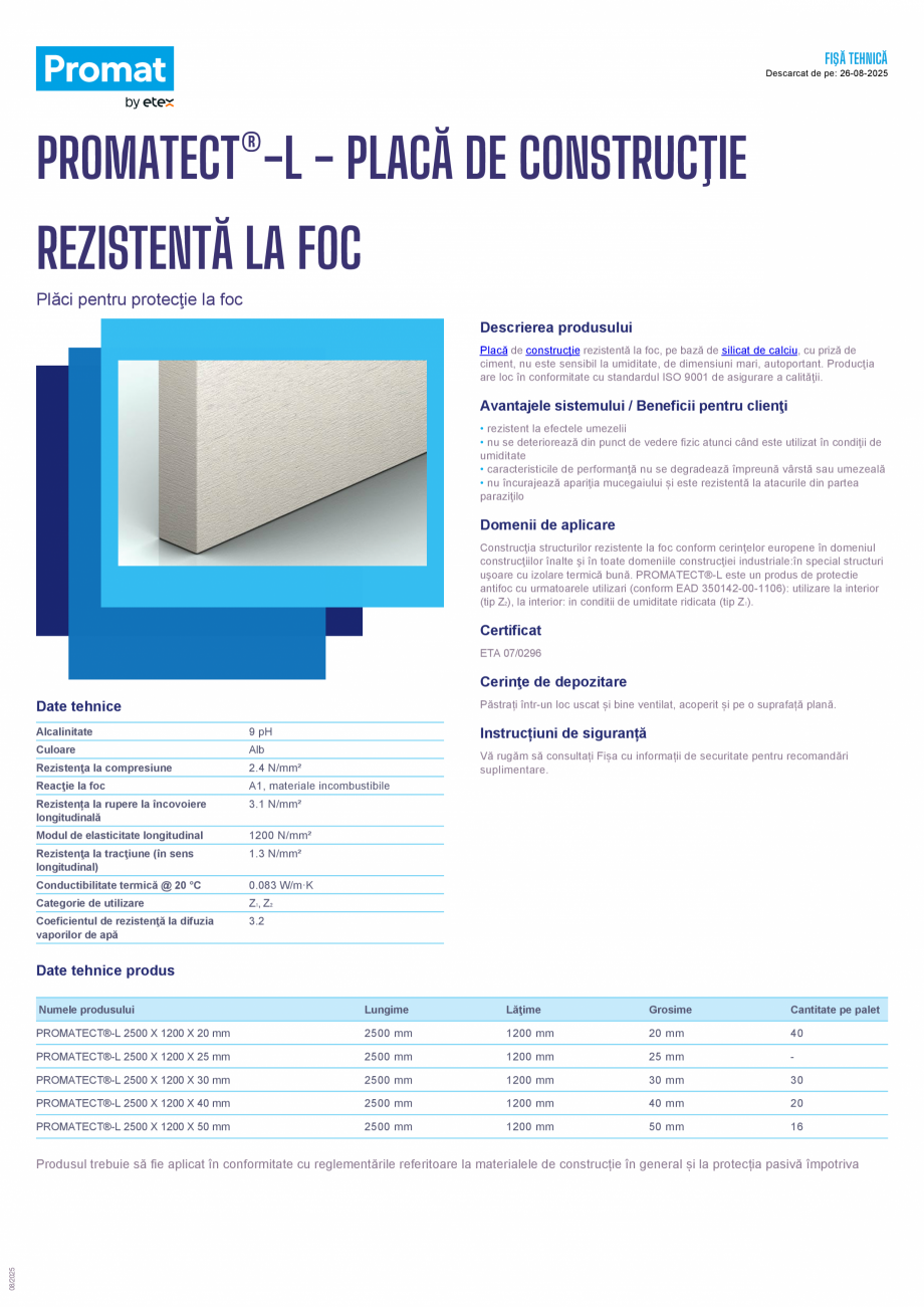Pagina 1 - Placa de constructie rezistenta la foc PROMAT PROMATECT®-L Fisa tehnica Romana FIŞĂ...