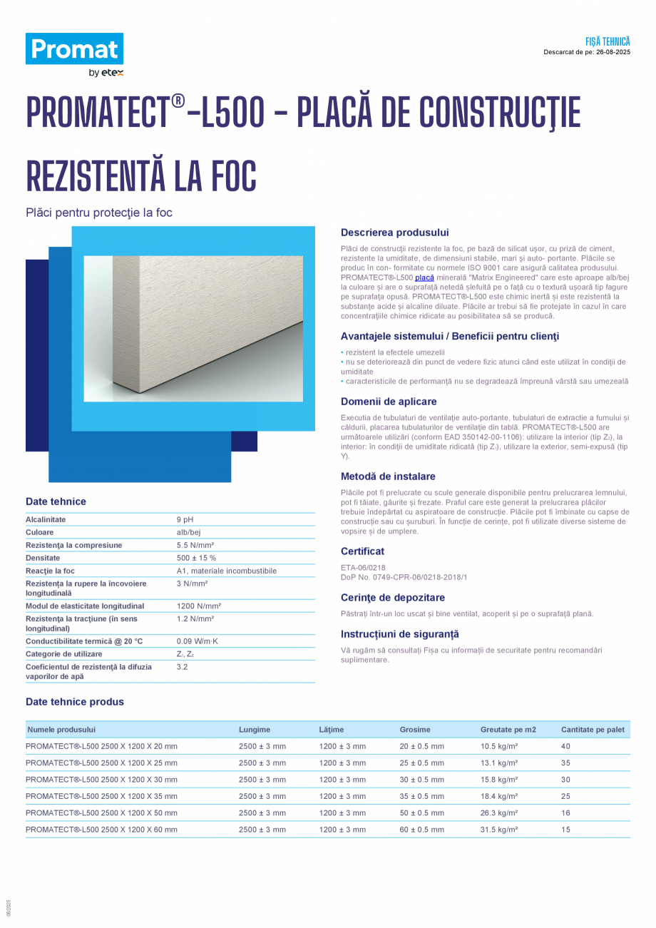 Pagina 1-Placa de constructie rezistenta la foc PROMAT PROMATECT®-L500 Fisa tehnica Romana FIŞĂ...