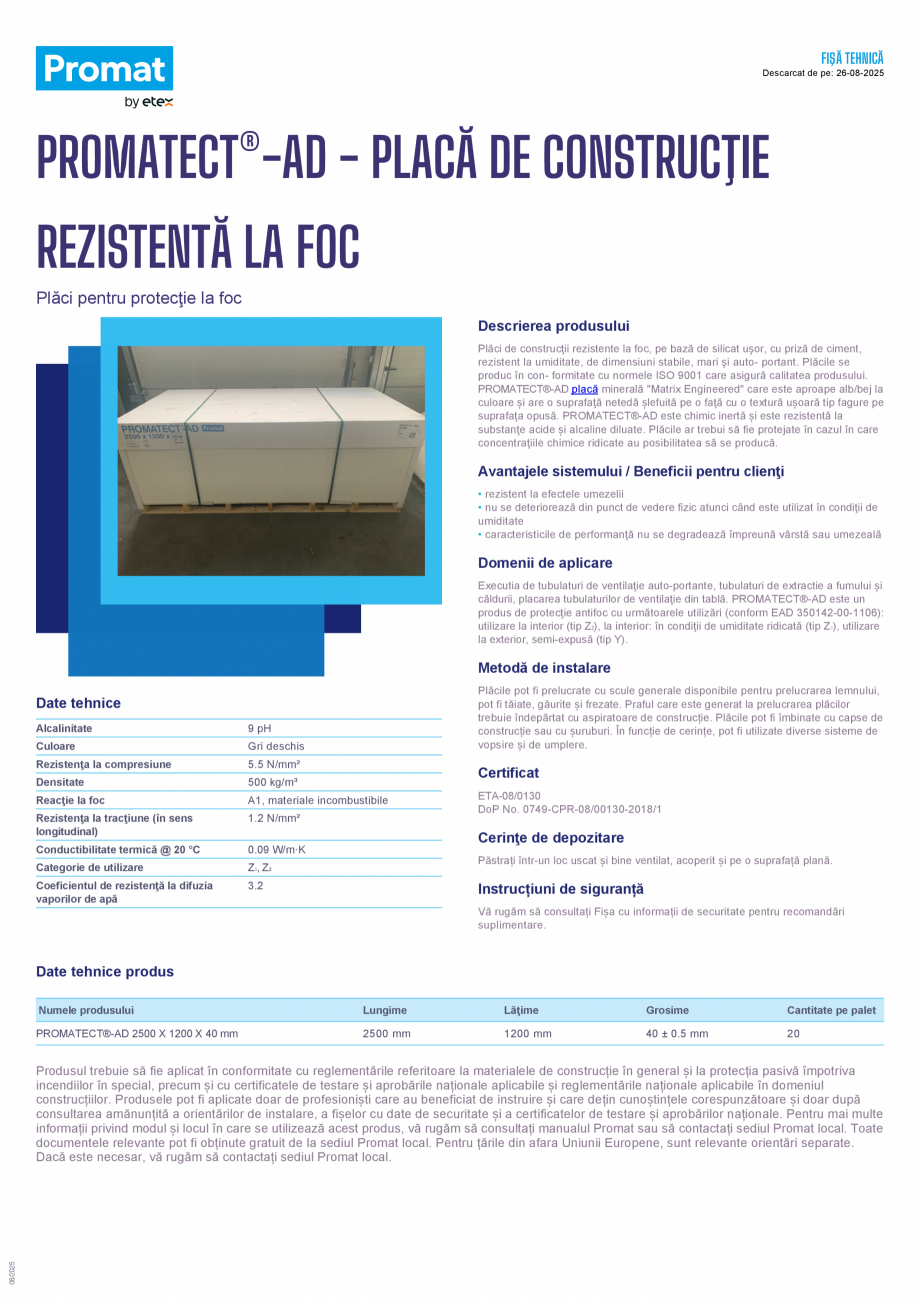 Pagina 1-Placa de constructie rezistenta la foc PROMAT PROMATECT®-AD Fisa tehnica Romana FIŞĂ TEHNICĂ
...