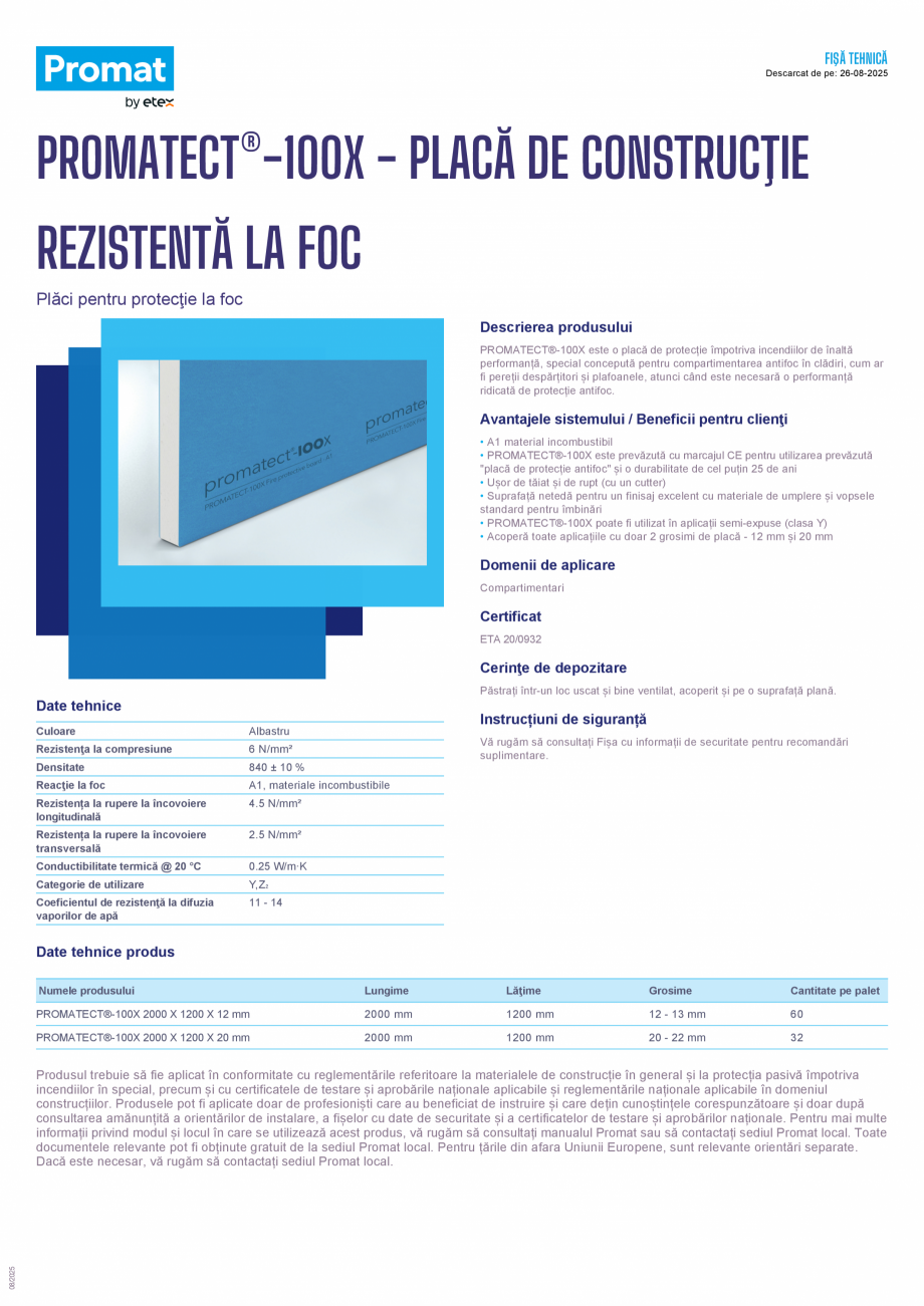 Pagina 1-Placa de constructie rezistenta la foc PROMAT PROMATECT®-100X Fisa tehnica Romana FIŞĂ...