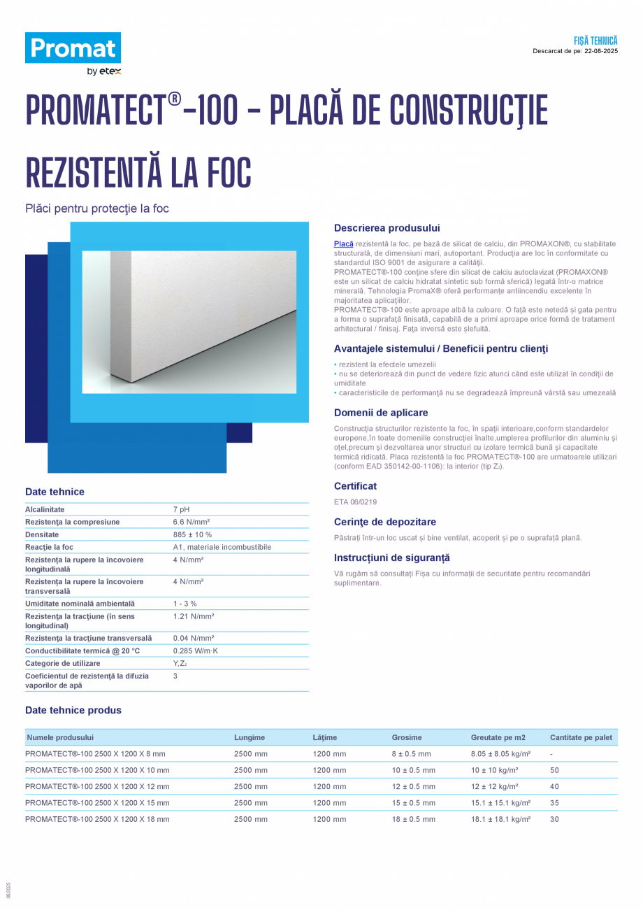 Pagina 1-Placa de constructie rezistenta la foc PROMAT PROMATECT®-100 Fisa tehnica Romana FIŞĂ TEHNICĂ...