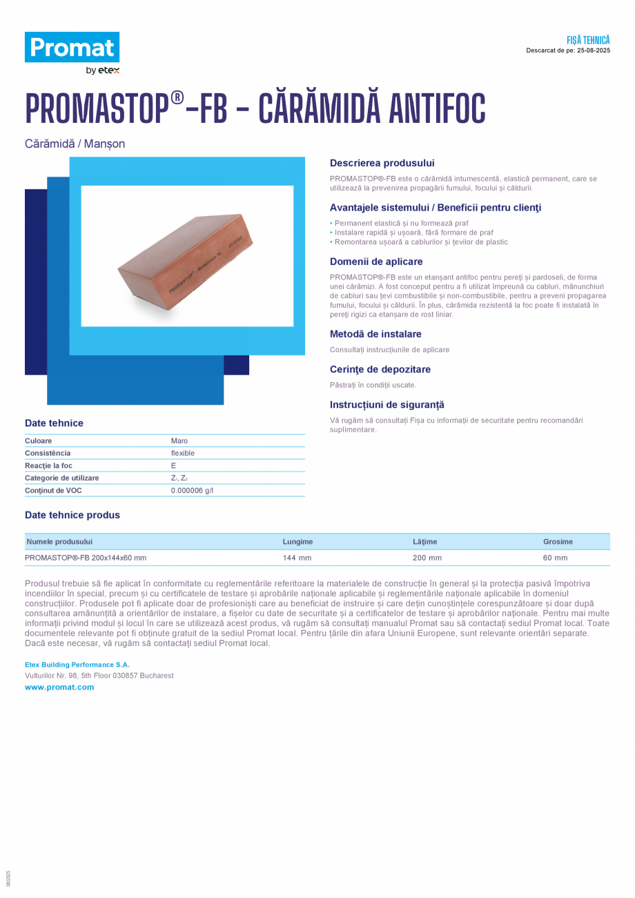 Pagina 1-Caramida antifoc PROMAT PROMASTOP®-FB Fisa tehnica Romana FIŞĂ TEHNICĂ
Descarcat de pe:...