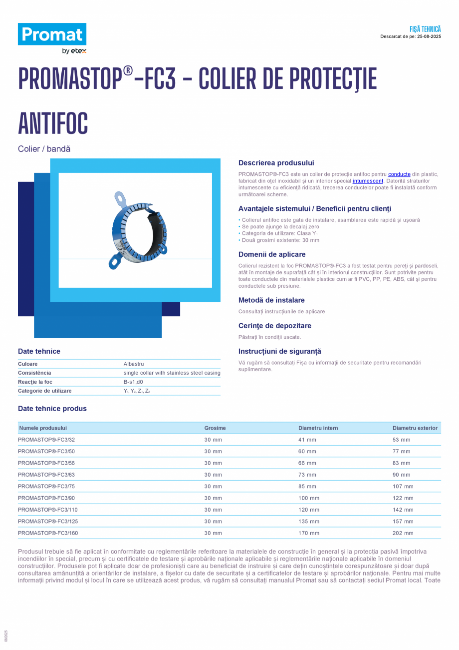Pagina 1 - Colier de protectie PROMAT PROMASTOP®-FC3 Fisa tehnica Romana FIŞĂ TEHNICĂ...