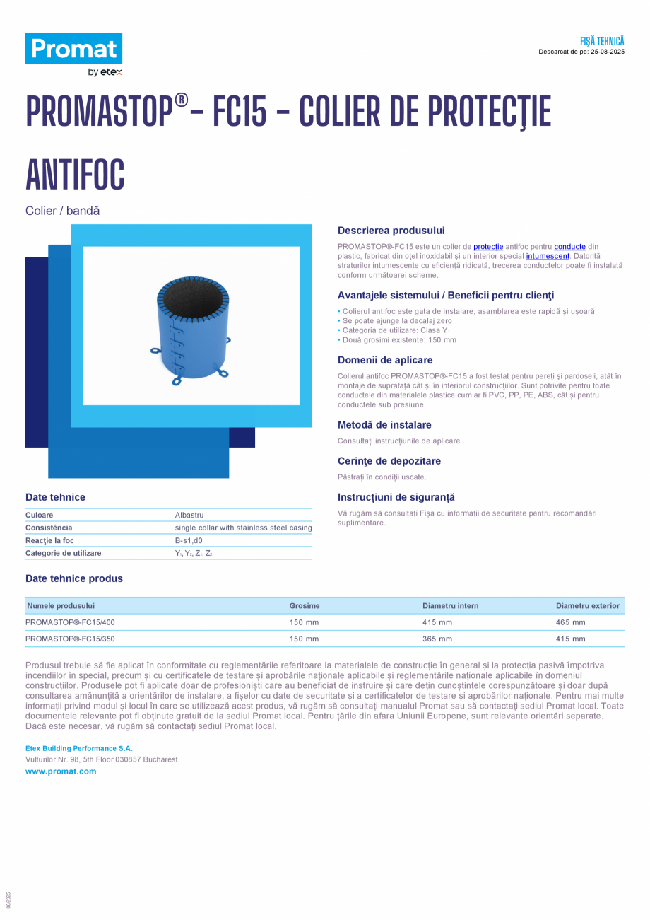 Pagina 1 - Colier de protectie PROMAT PROMASTOP®- FC15 Fisa tehnica Romana FIŞĂ TEHNICĂ...