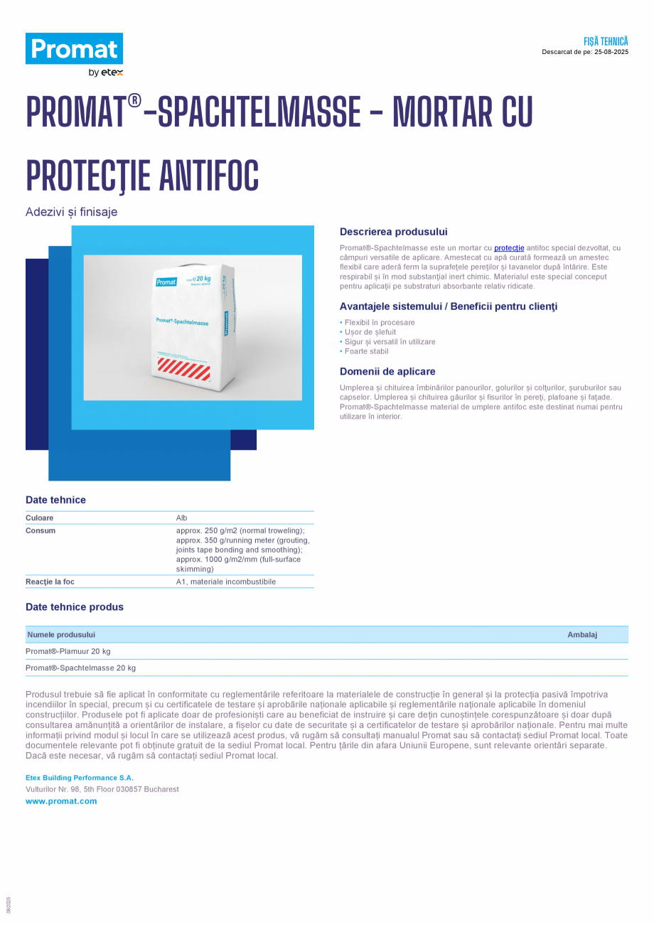 Pagina 1 - Mortar cu protectie antifoc PROMAT Promat®-Spachtelmasse Fisa tehnica Romana FIŞĂ...