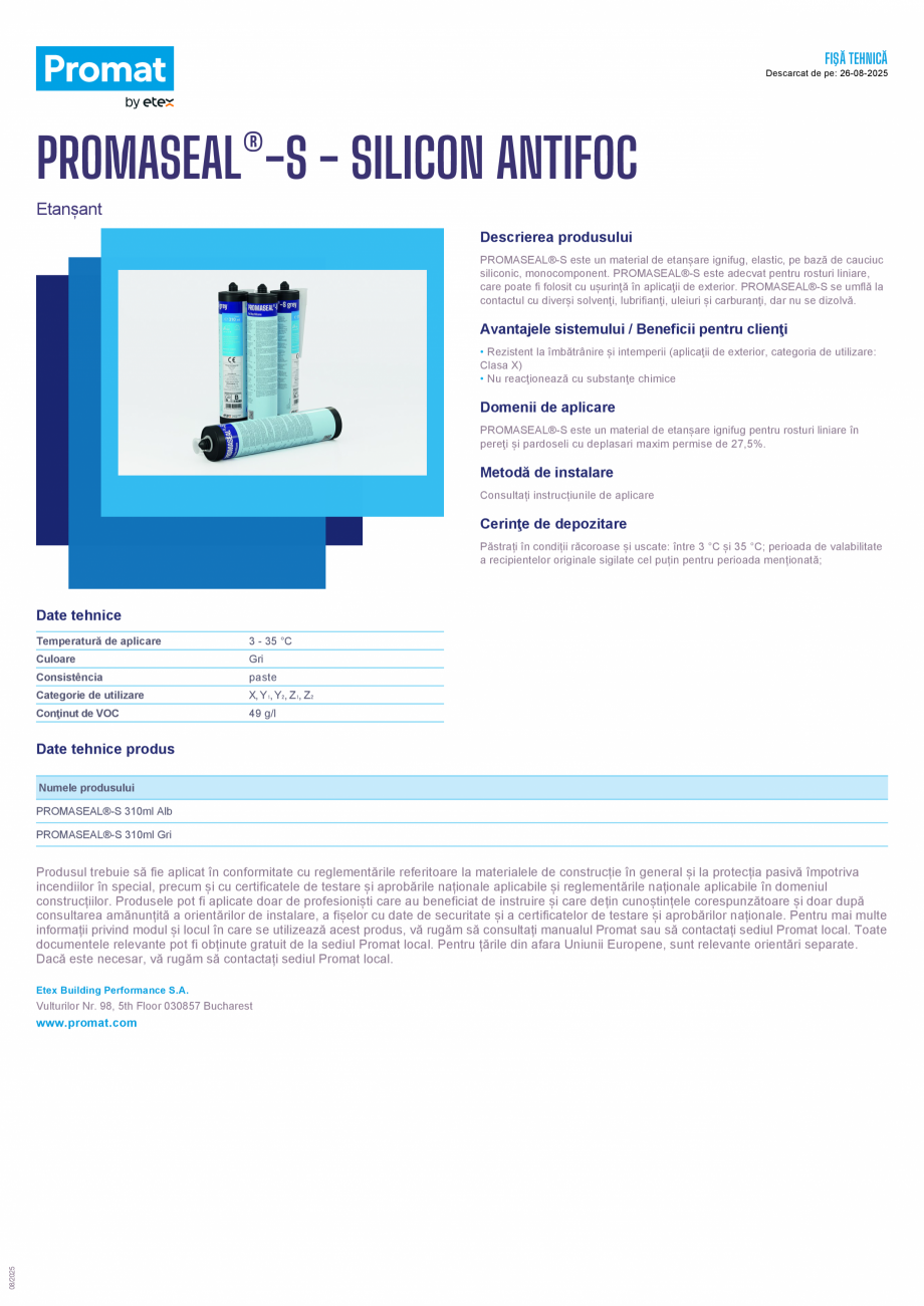 Pagina 1 - Silicon antifoc  PROMAT PROMASEAL®-S Fisa tehnica Romana FIŞĂ TEHNICĂ
Descarcat de...