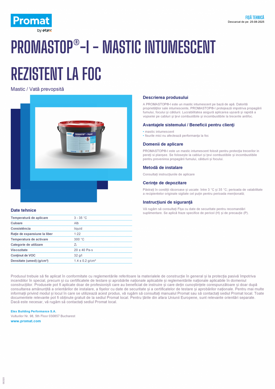 Pagina 1 - Mastic intumescent rezistent la foc PROMAT PROMASTOP®-I Fisa tehnica Romana FIŞĂ...