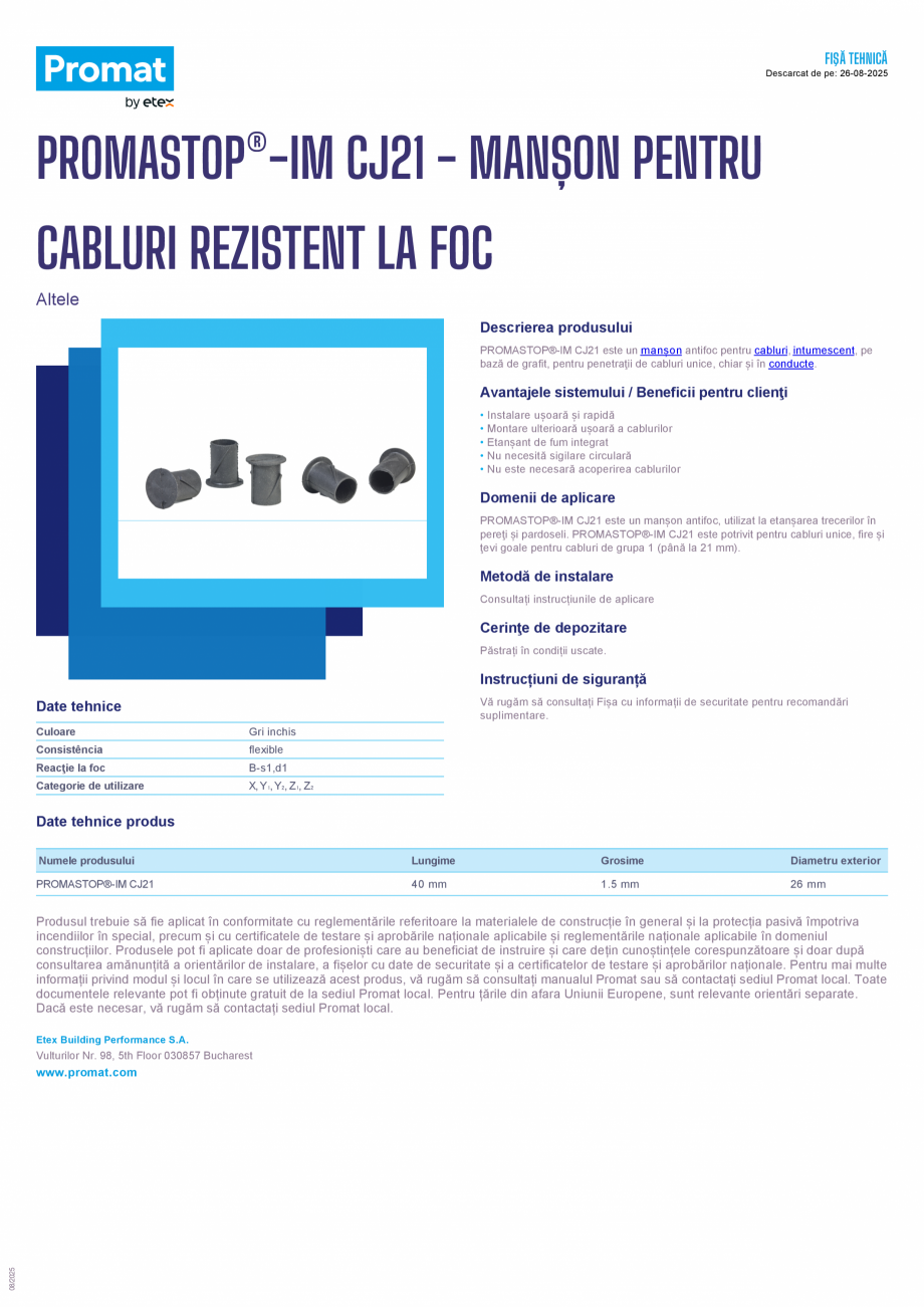 Pagina 1 - Manson pentru cabluri rezistent la foc PROMAT PROMASTOP®-IM CJ21 Fisa tehnica Romana ...