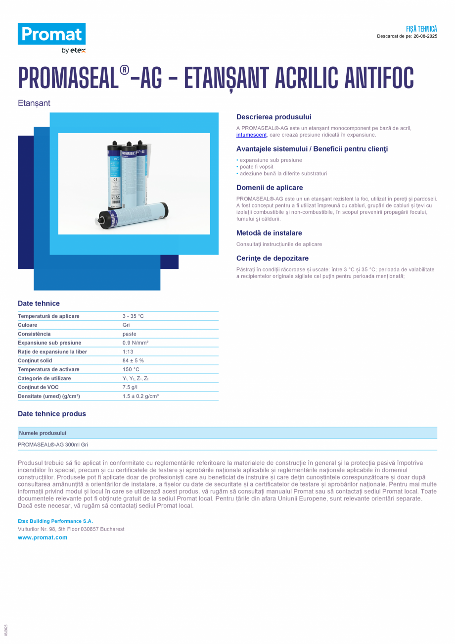 Pagina 1 - Etansant acrilic antifoc PROMAT PROMASEAL®-AG Fisa tehnica Romana FIŞĂ TEHNICĂ...