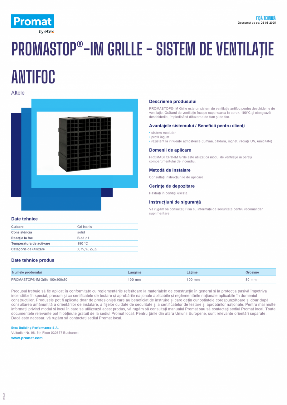 Pagina 1-Sistem de ventilatie antifoc PROMAT PROMASTOP®-IM Grille Fisa tehnica Romana FIŞĂ TEHNICĂ...