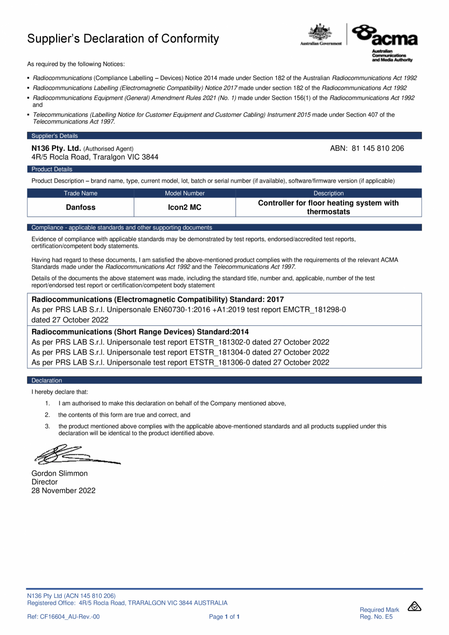 Pagina 1-Declaratie de conformitate - Controale pentru incalzirea in pardoseala - ACMA CF16604_AU-Rev.00...