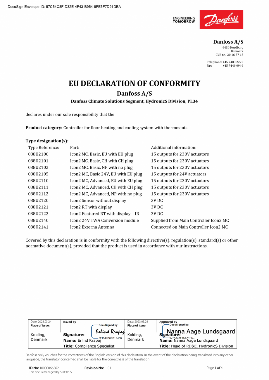 Pagina 1-Declaratie de conformitate - Controale pentru incalzirea in pardoseala - Danfoss EU-UK 10000066562...