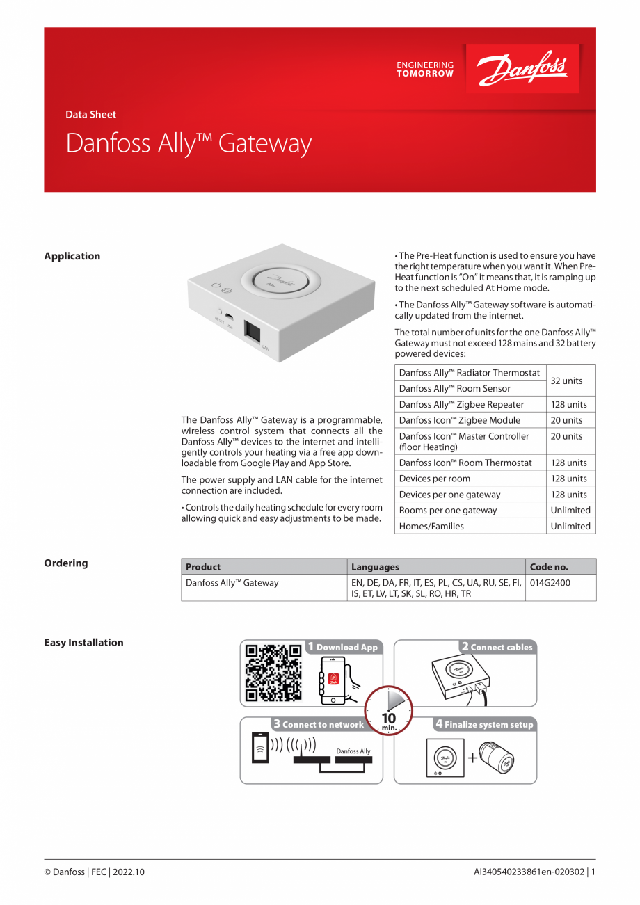 Pagina 1-Unitatea centrala a sistemului de incalzire in pardoseala DANFOSS Ally™ Gateway Fisa tehnica...