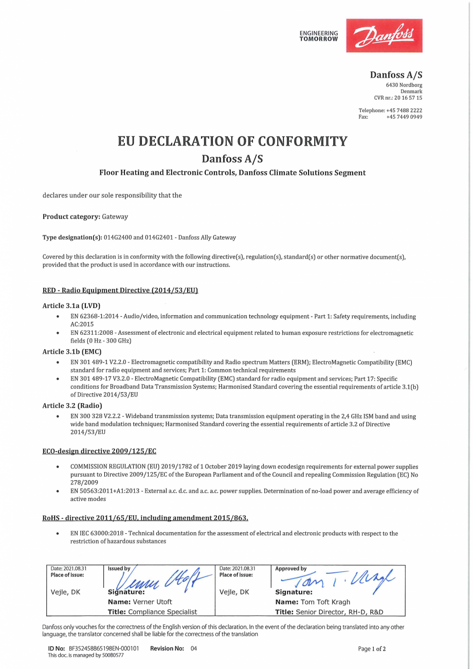 Pagina 1-Declaratie de conformitate - Unitate centrala pentru sistemul de incalzire in pardoseala DANFOSS...