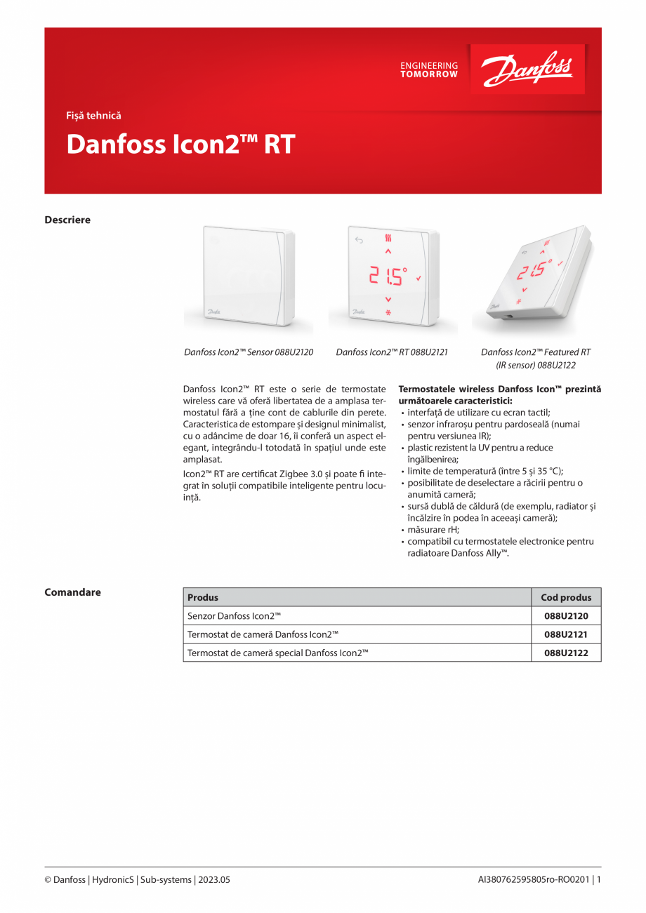 Pagina 1-Senzor Danfoss Icon2™ DANFOSS Icon2, Senzor, Icon² RT, Icon² Featured RT Fisa...