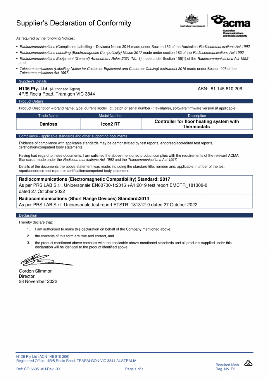 Pagina 1-Declaratie de conformitate Senzor - ACMA CF16605_AU-Rev.00 DANFOSS Icon2, Senzor, Icon² RT,...