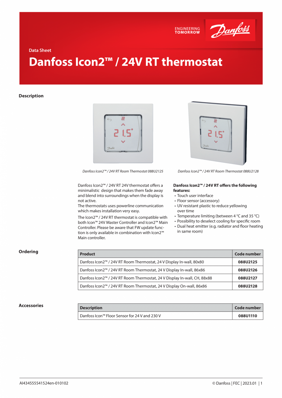 Pagina 1-Termostat camera DANFOSS Icon² 24V RT, Icon² 24V RT, On-wall Fisa tehnica Engleza Data...