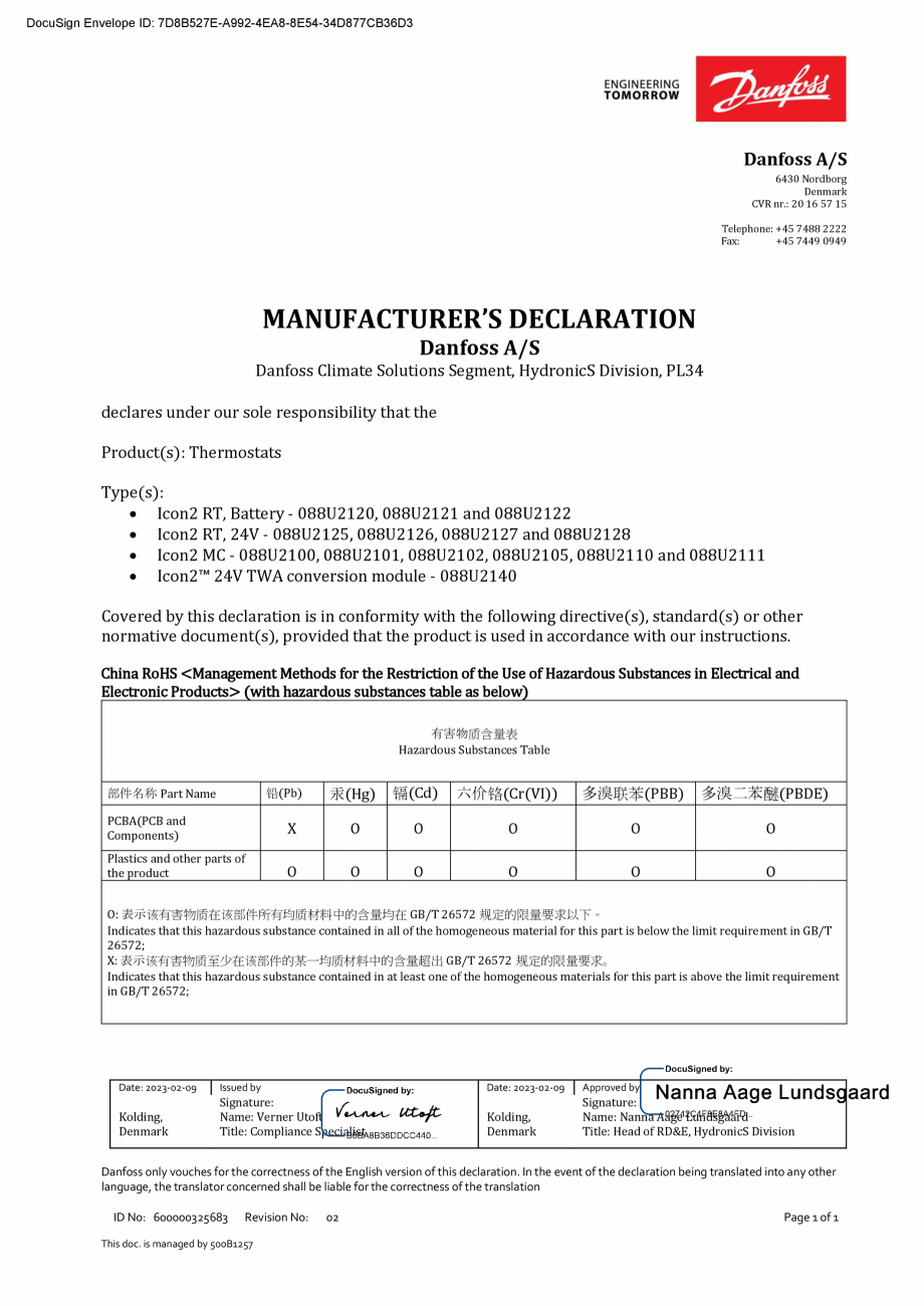 Pagina 1 - Declaratie de conformotate - Termostat camera - Danfoss MD 600000325683.02 DANFOSS...