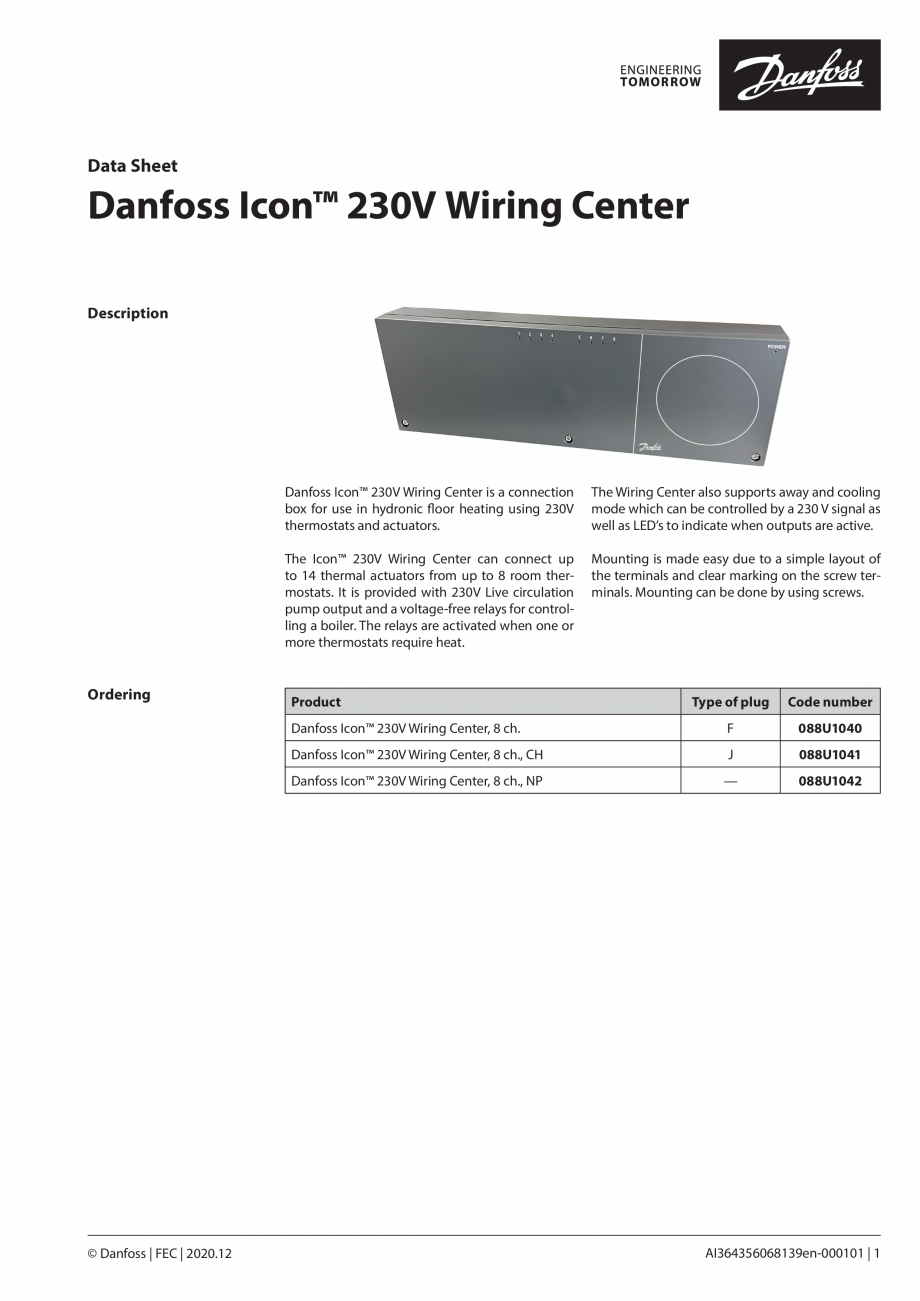 Pagina 1-Controale pentru incalzirea in pardoseala DANFOSS Icon Wiring box Fisa tehnica Engleza Data Sheet
...