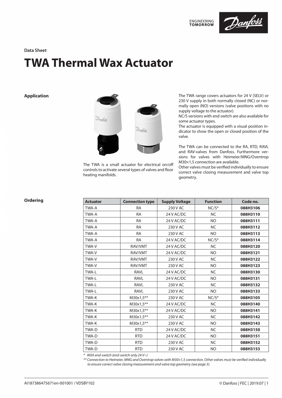 Pagina 1 - Actuator TWA Thermal Wax  DANFOSS TWA-A 230V NC Fisa tehnica Engleza Data Sheet

TWA...