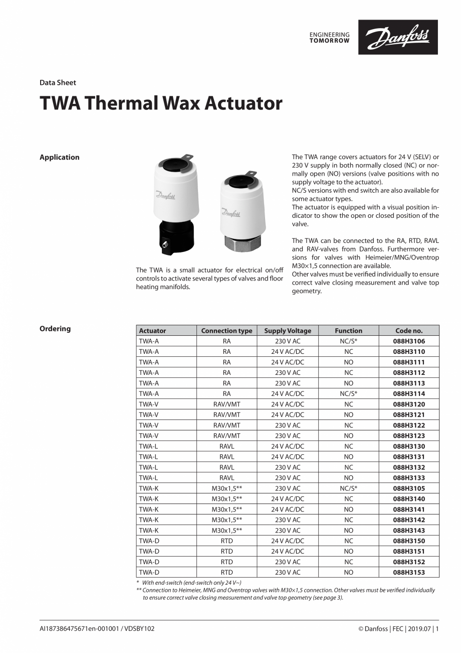 Pagina 1-Actuator TWA Thermal Wax  DANFOSS TWA-A 230V NC Fisa tehnica Engleza Data Sheet

TWA Thermal Wax...
