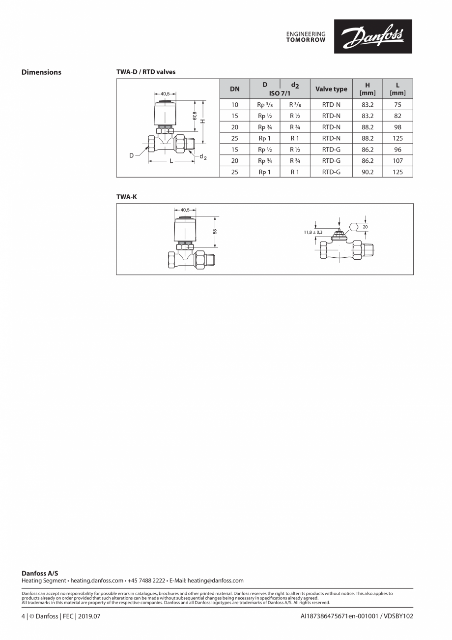 Pagina 4 - Actuator TWA Thermal Wax  DANFOSS TWA-A 230V NC Fisa tehnica Engleza valve/manifold...