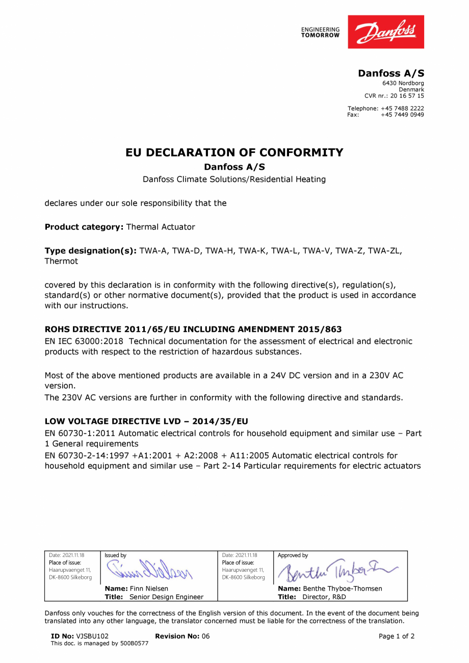 Pagina 1-Declaratie de conformitate - Actuator - Danfoss EU-UK VJSBU102.06 DANFOSS TWA-A 230V NC Certificare ...