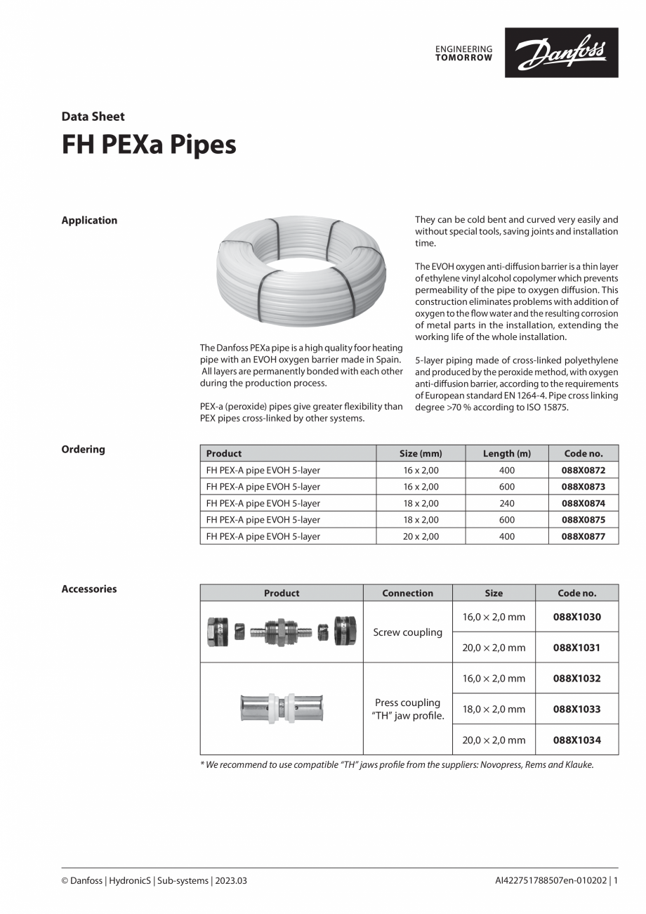 Pagina 1 - Conducte PEX DANFOSS PEX-A EVOH 5 Layer 16x2.0 600m , PEX-A EVOH 5 Layer 18x2.0 600m ...