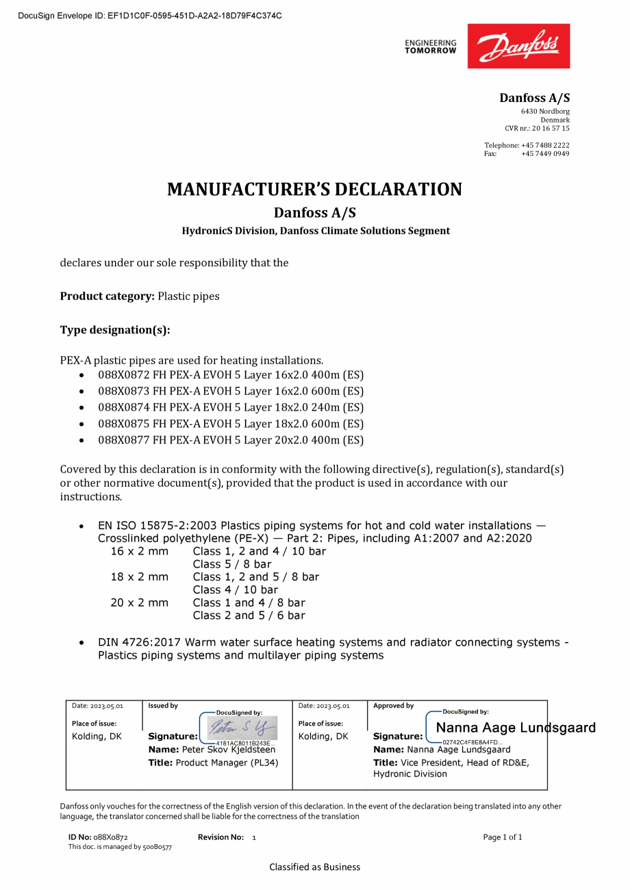 Pagina 1-Declaratie de conformitate - Conducte PEX - Danfoss MD 088X0872.01 DANFOSS PEX-A EVOH 5 Layer 16x2.0...