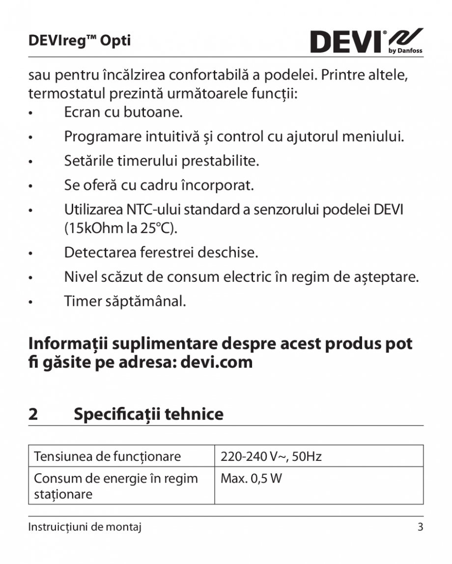 Pagina 3 - Termostat electronic DEVI DEVIreg™ OPTI Instructiuni montaj, utilizare Romana...