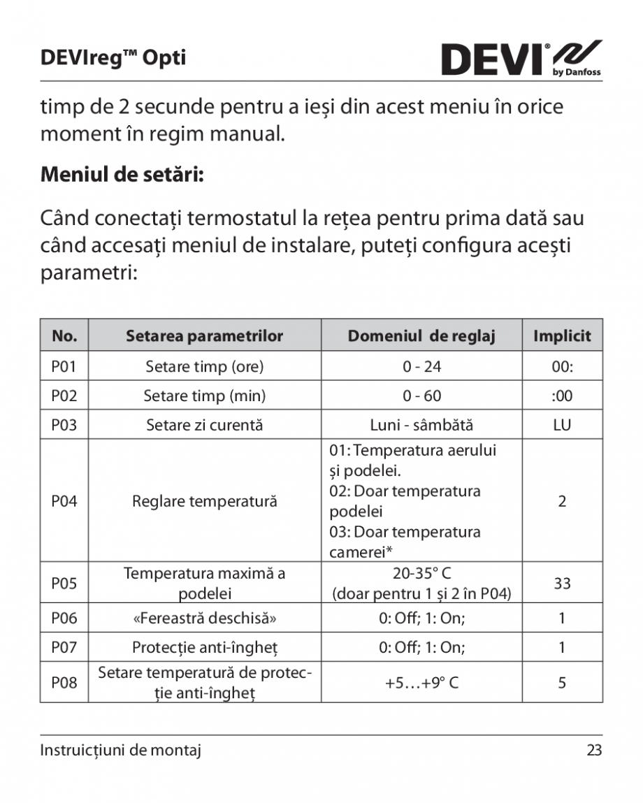 Pagina 23 - Termostat electronic DEVI DEVIreg™ OPTI Instructiuni montaj, utilizare Romana ...