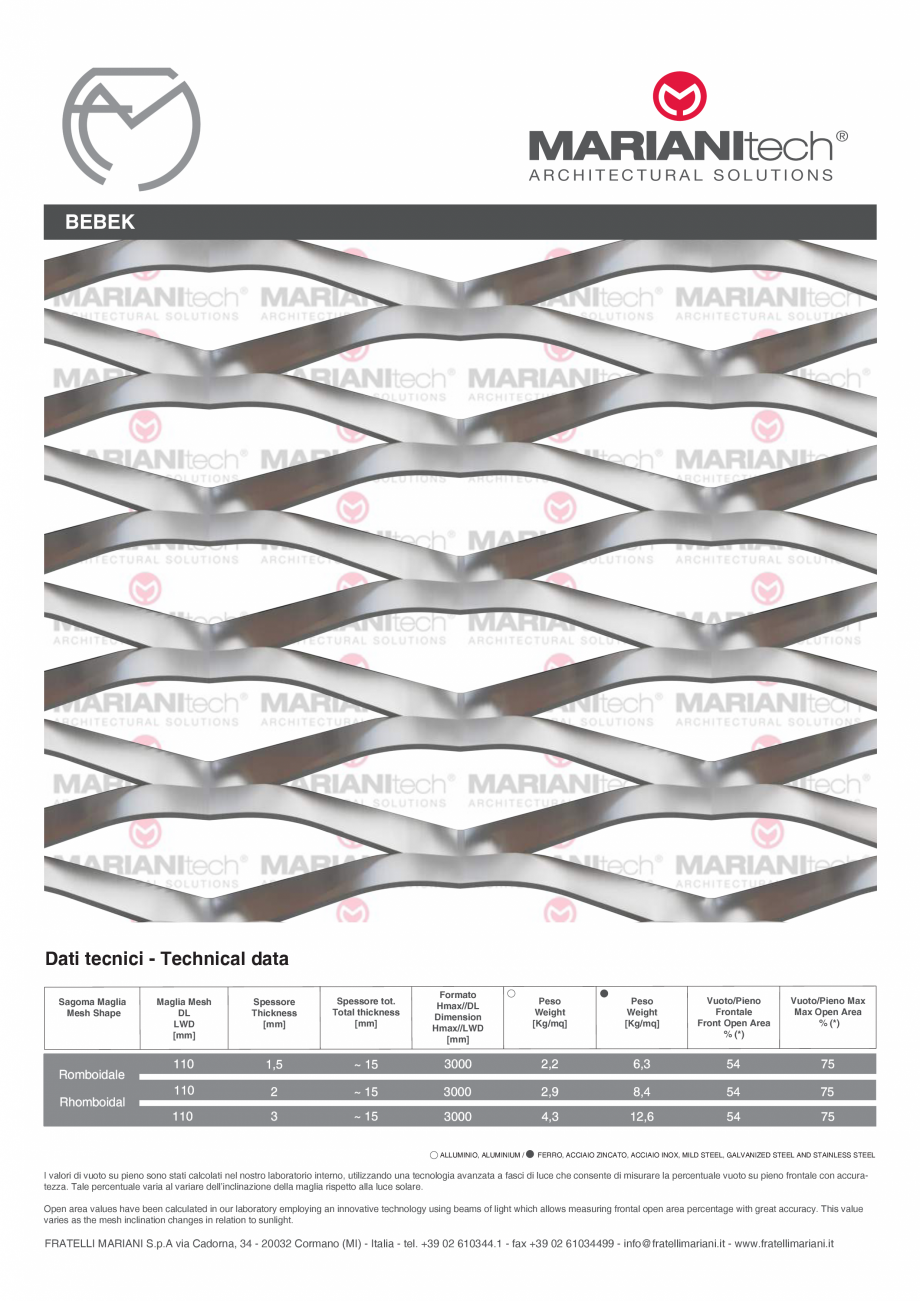 Pagina 1-Plasa metalica expandata BEBEK MARIANITECH® MARIANItech® Fisa tehnica Engleza, Italiana...