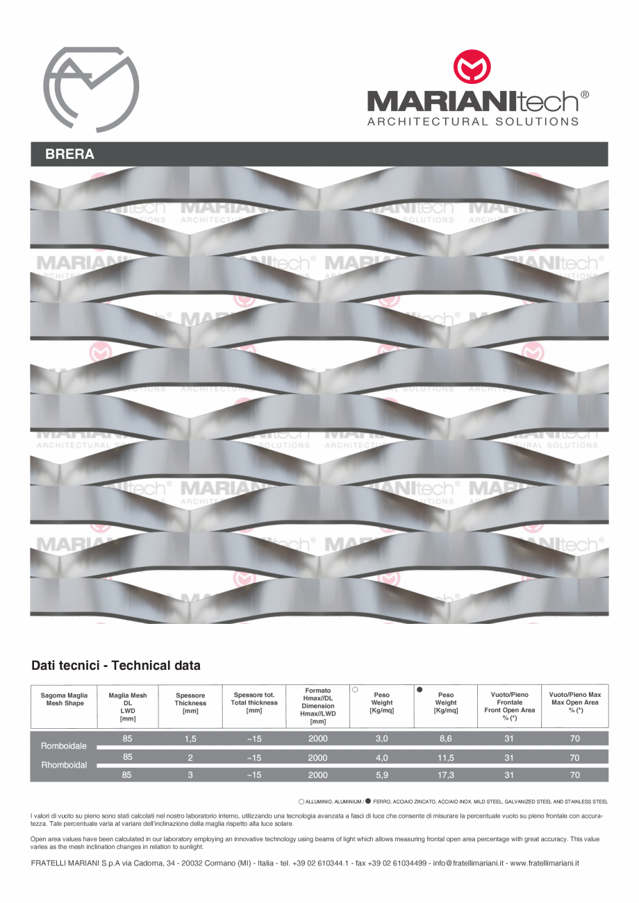 Pagina 1-Plasa metalica expandata BRERA MARIANITECH® MARIANItech® Fisa tehnica Engleza, Italiana...